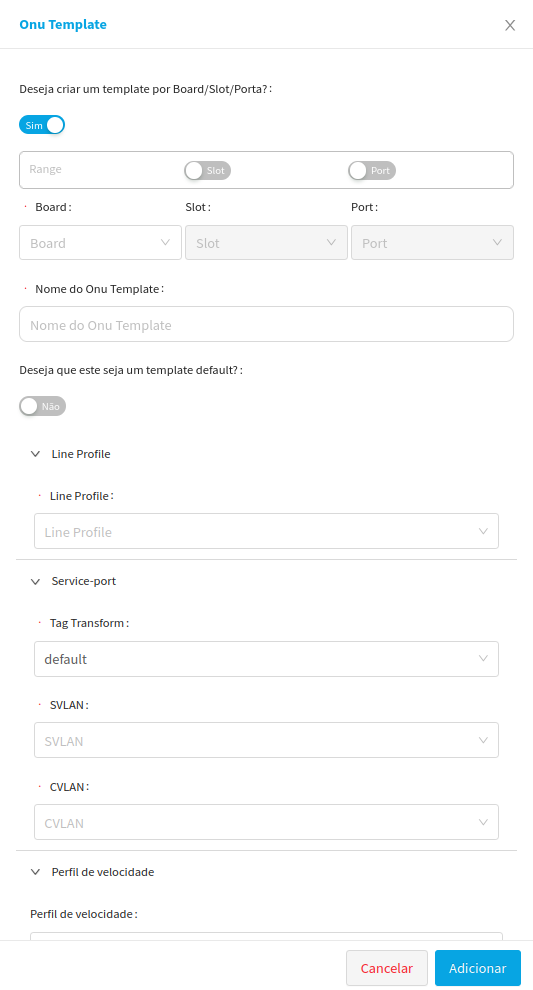 Menu de criação de template, Seleção por board ativado
